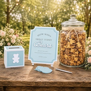 How Many Teddy Bears Game Kit Frame Baby Blue & White, Baby Shower, Gender Reveal Event Games