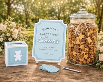 How Many Teddy Bears Game Kit Frame Baby Blue & White, Baby Shower, Gender Reveal Event Games