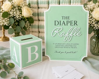 Diaper Raffle Game Kit with Sign and Mini Card Box in Mint Green & White | Baby Shower Game