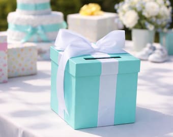 Mini Game Card Box | 6 x 6 x 6 inches Game Box with Slot in Light Teal & White | Bridal Shower | Birthday | Baby Shower | Graduation