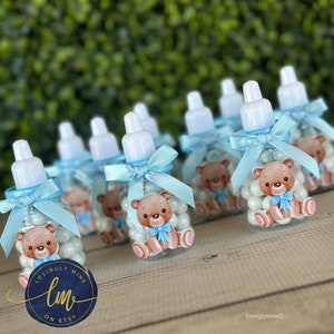 Teddy Bear Baby Bottle Favors in Baby Blue, White and Brown