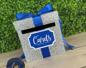 8 x 8 x 8 Card Box Fine Glitter Silver & Navy Blue Gift Money Box | Baby Shower | Wedding | Bridal Shower | Birthday Party | Graduation