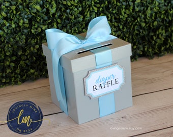 Mini Game Card Box | 6 x 6 x 6 inches Game Box with Slot in Light Gray Grey Baby Blue Glitter Silver & White | Bridal Shower | Baby Shower