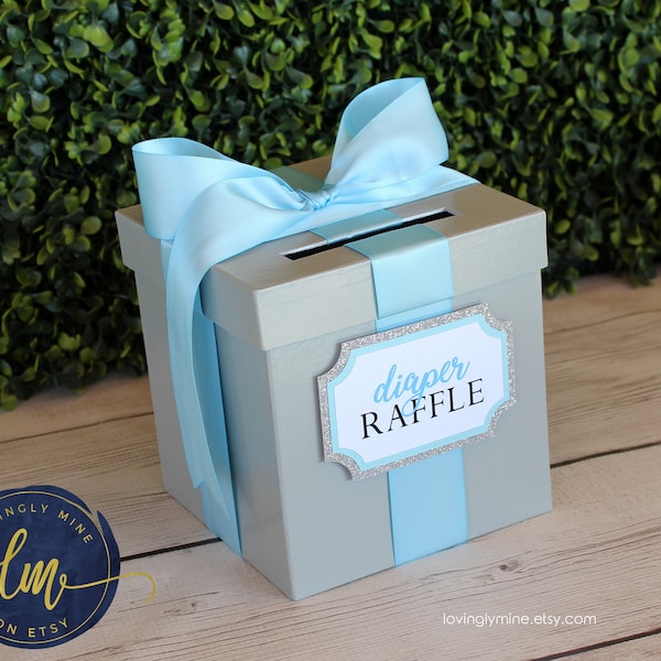 Mini Game Card Box | 6 x 6 x 6 inches Game Box with Slot in Light Gray Grey Baby Blue Glitter Silver & White | Bridal Shower | Baby Shower