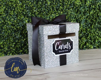 8 x 8 x 8 Card Box Fine Glitter Silver & Black Gift Money Box | Baby Shower | Wedding | Bridal Shower | Birthday Party | Graduation