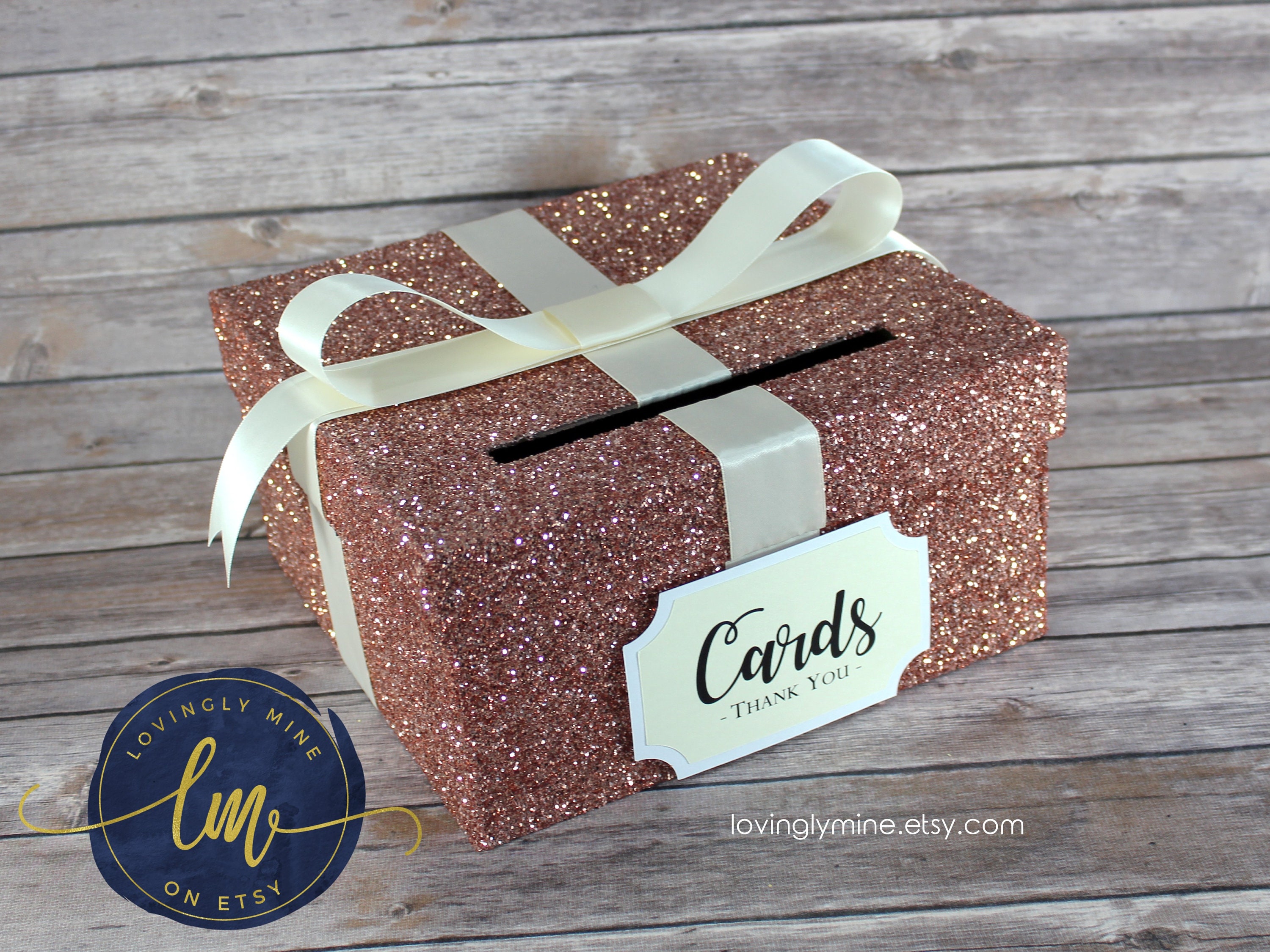 Card Box in Rose Gold Glitter with Ivory Ribbon Gift Money Etsy