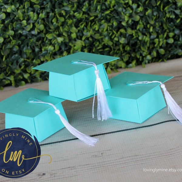 Light Teal Aqua Graduation Grad Cap Favor Boxes with White Tassels and Custom Printed Tags