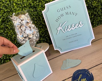 How Many Kisses Game Kit Frame Baby Blue & White | Baby Shower Game | Bridal Shower Game | Event Games