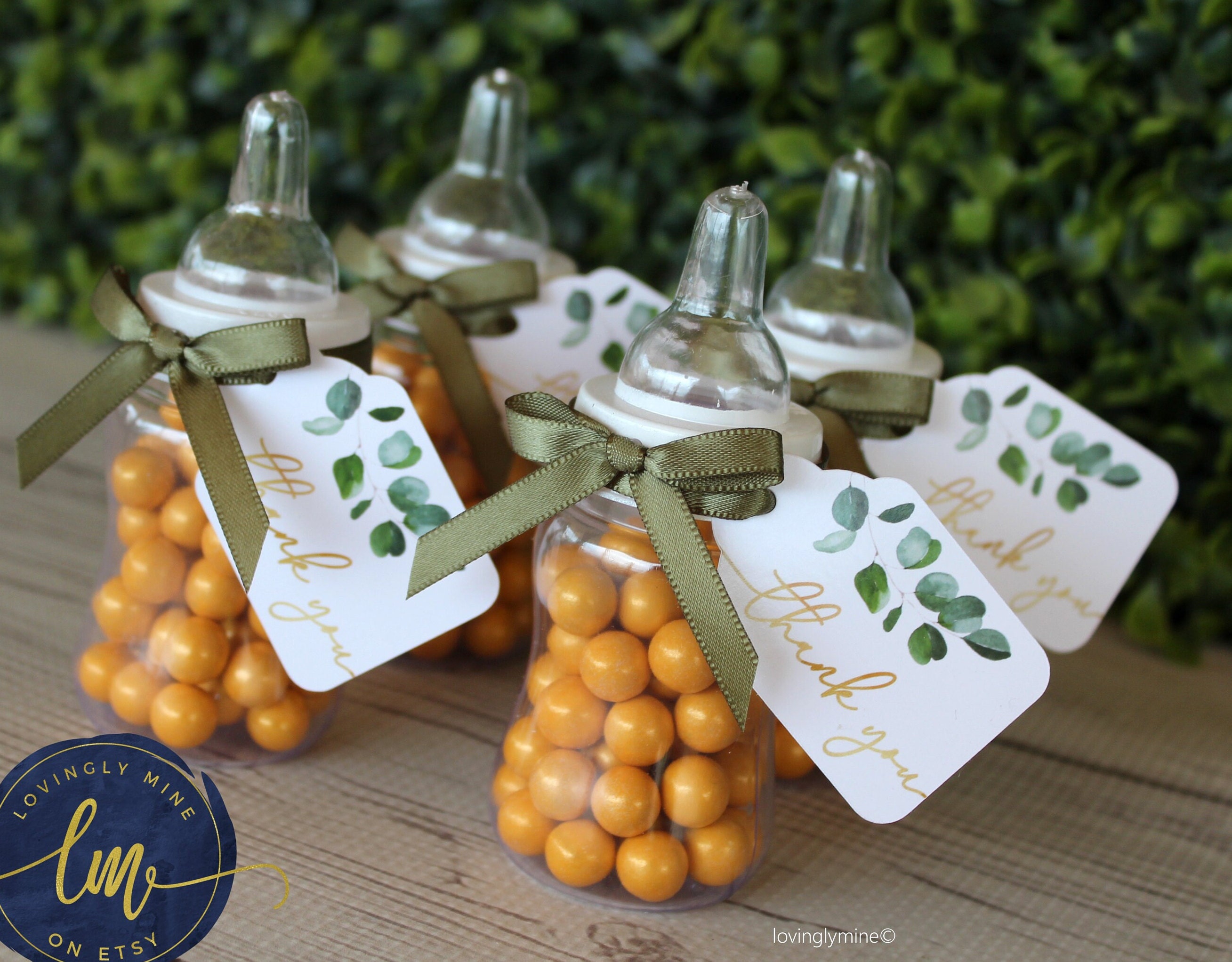 Baby Shower Favors in Olive Green White and Gold Foil Print, Baby Bottles, Set of 12