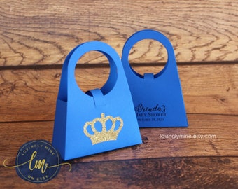 Custom Purse Favor Bags in Royal Blue Prince Glitter Gold Crown Custom Printed | Set of 12 | Assembly Required