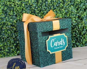 8 x 8 x 8 Card Box Dark Green Glitter & Satin Gold, Glitter Gold Gift Money Box | Baby Shower | Wedding | Bridal Shower | Graduation