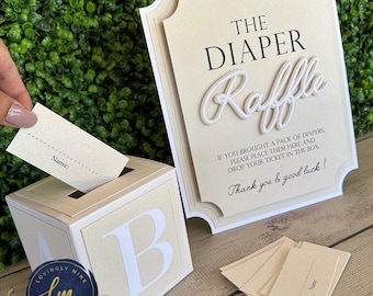 Diaper Raffle Game Kit with Sign and Mini Card Box in Sandstone and White | Baby Shower Game, Natural, Neutrals, Ivory, Sand, Browns