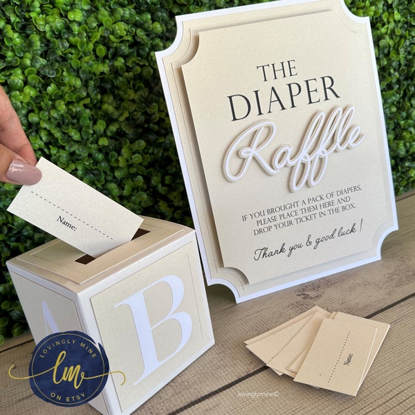 Diaper Raffle Game Kit with Sign and Mini Card Box in Sandstone and White | Baby Shower Game, Natural, Neutrals, Ivory, Sand, Browns
