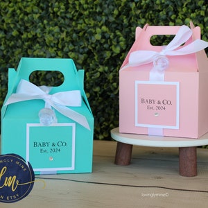 Small Gable Box Favors in Baby and Company theme, Baby Pink, Light Teal & White, Assembly Required