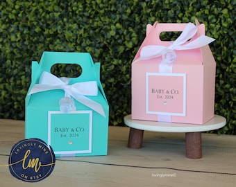 Small Gable Box Favors in Baby and Company theme, Baby Pink, Light Teal & White, Assembly Required