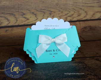Customizable Baby & Co Diaper Shape Invitations, Light Teal, Aqua, Robin Egg Blue, Custom