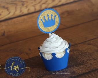 Little Prince Cupcake Toppers in Royal Blue & Glitter Gold - Set of 12 - Baby Shower, Birthday