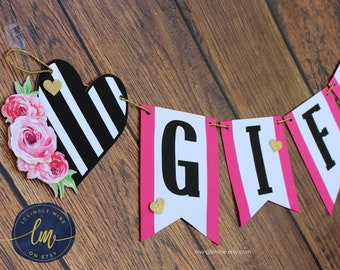 Banners in Hot Pink, Black & White Stripes and Glitter Gold, Bridal Shower, Birthday, Baby Shower