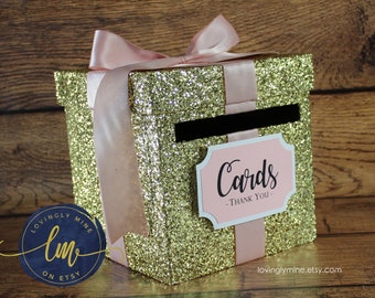 8 x 8 x 8 Card Box Gold Glitter & Blush Pink Gift Money Box | Baby Shower | Wedding | Bridal Shower | Birthday Party | Graduation