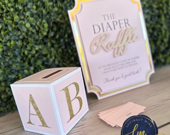 Diaper Raffle Game Kit with Sign and Mini Card Box in Blush Pink, Gold Foil, Glitter Gold | Baby Shower Game