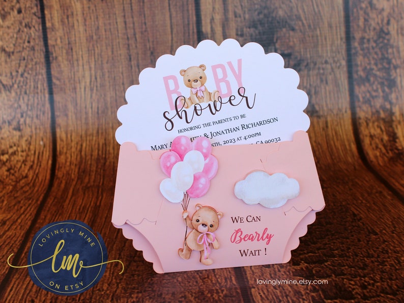 Girl Teddy Bear Baby Shower Invitations in Baby Pink White Etsy