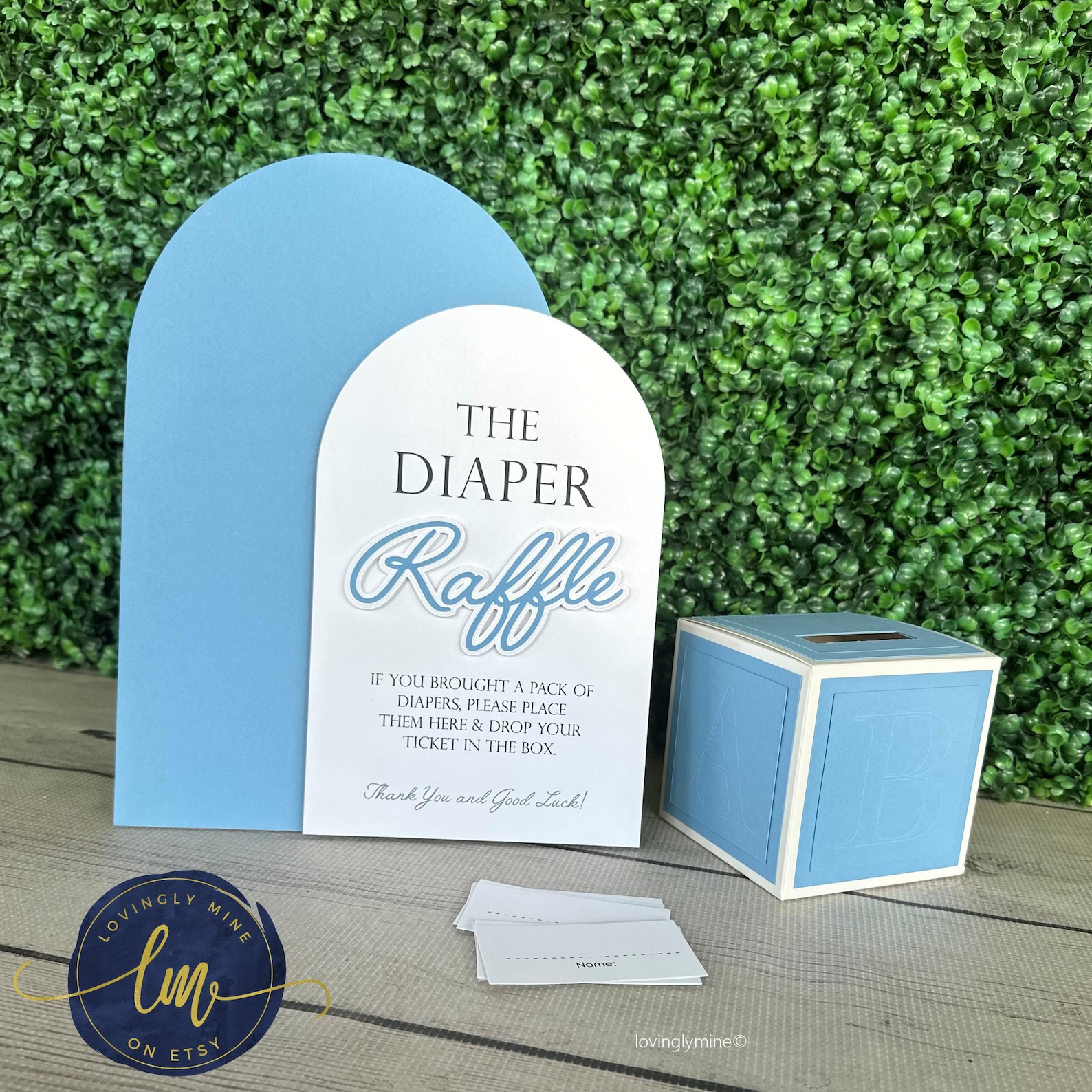 Diaper Raffle Game Kit With Sign and Mini Card Box in French Blue and ...