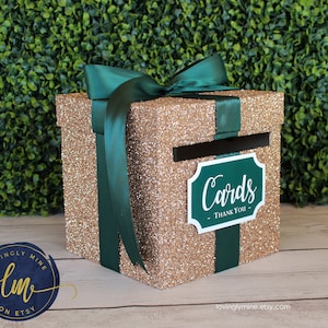 8 x 8 x 8 Card Box Champagne Glitter & Forest Green Gift Money Box | Baby Shower | Wedding | Bridal Shower | Birthday Party | Graduation