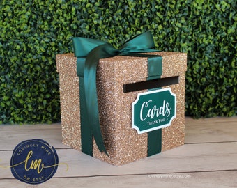 8 x 8 x 8 Card Box Champagne Glitter & Forest Green Gift Money Box | Baby Shower | Wedding | Bridal Shower | Birthday Party | Graduation