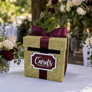 8 x 8 x 8 Card Box Gold Glitter & Burgundy Gift Money Box | Baby Shower | Wedding | Bridal Shower | Birthday Party | Graduation