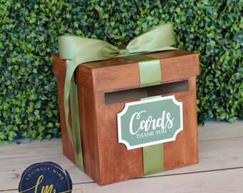 8 x 8 x 8 Card Box Faux Wood Brown with Sage Green Gift Money Box | Baby Shower | Wedding | Bridal Shower | Birthday Party | Graduation