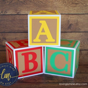 9 inch Baby Block Decoration  - 3 Blocks Spelling ABC - Yellow, Green, Red, White & Kraft Brown -  Baby Shower Gender Reveal