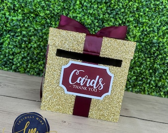 8 x 8 x 8 Card Box Gold Glitter & Burgundy Gift Money Box | Baby Shower | Wedding | Bridal Shower | Birthday Party | Graduation