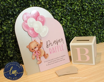 Diaper Raffle Game Set, Teddy Bear Raffle Box with Tickets, Baby Pink, Brown, Champagne Toffee