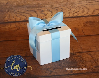 Mini Game Card Box | 6 x 6 x 6 inches Game Box with Slot in Baby Blue& White | Bridal Shower | Birthday | Baby Shower | Graduation