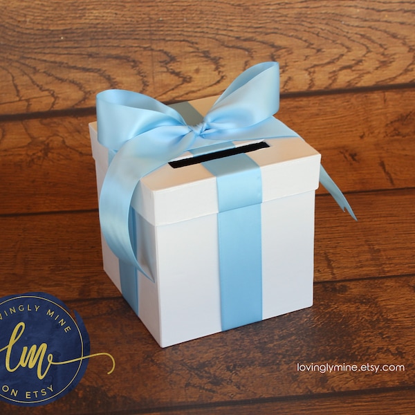 Mini Game Card Box | 6 x 6 x 6 inches Game Box with Slot in Baby Blue& White | Bridal Shower | Birthday | Baby Shower | Graduation