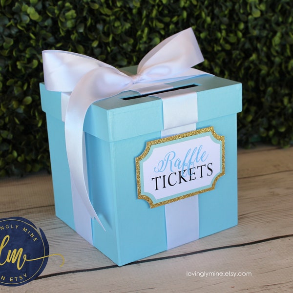 Mini Game Card Box | 6 x 6 x 6 inches Game Box with Slot in Baby Blue Glitter Gold & White | Bridal Shower | Baby Shower