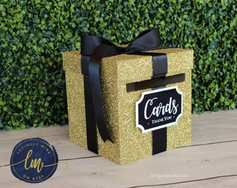 8 x 8 x 8 Card Box Gold Glitter & Black Gift Money Box | Baby Shower | Wedding | Bridal Shower | Birthday Party | Graduation