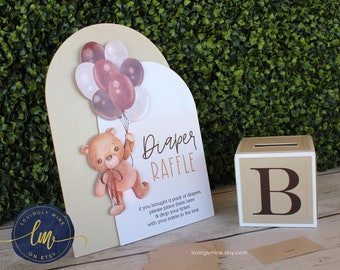 Diaper Raffle Game Set, Teddy Bear Raffle Box with Tickets, Brown, Champagne Toffee