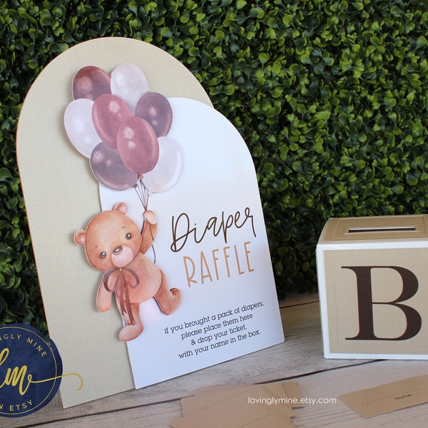 Diaper Raffle Game Set, Teddy Bear Raffle Box with Tickets, Brown, Champagne Toffee