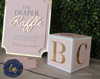 Diaper Raffle Game Kit with Sign and Mini Card Box in Blush Pink and Gold Foil | Baby Shower Game