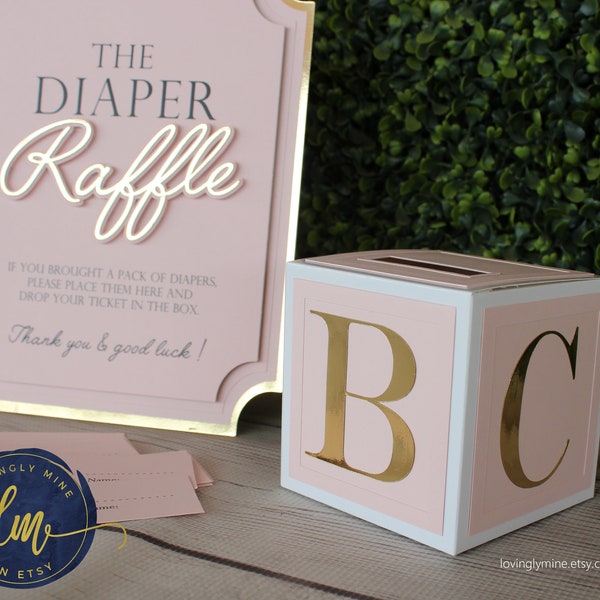 Diaper Raffle Game Kit with Sign and Mini Card Box in Blush Pink and Gold Foil | Baby Shower Game