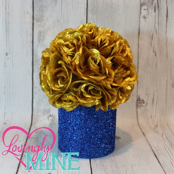 Glitter Royal Blue & Gold Centerpiece Metallic Gold Faux Silk