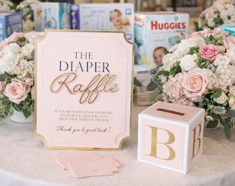 Diaper Raffle Game Kit with Sign and Mini Card Box in Blush Pink and Gold Foil | Baby Shower Game