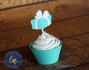 Gift Box Cupcake Toppers Deluxe Double Sided | Set of 12 | Light Teal Aqua Turquoise Robin Egg Blue | Baby Shower Bridal