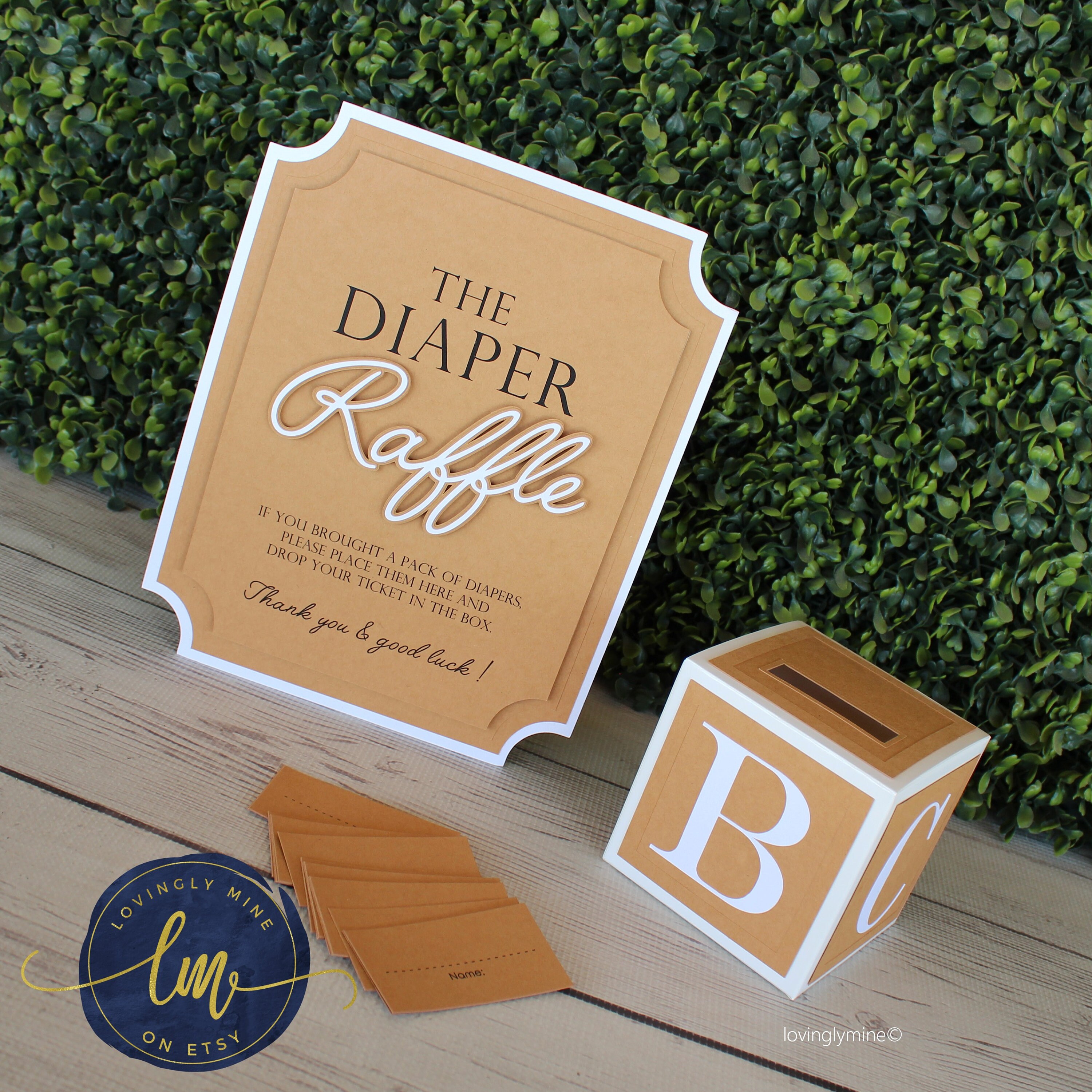 Diaper Raffle Game Kit With Sign and Mini Card Box in Kraft Brown and ...