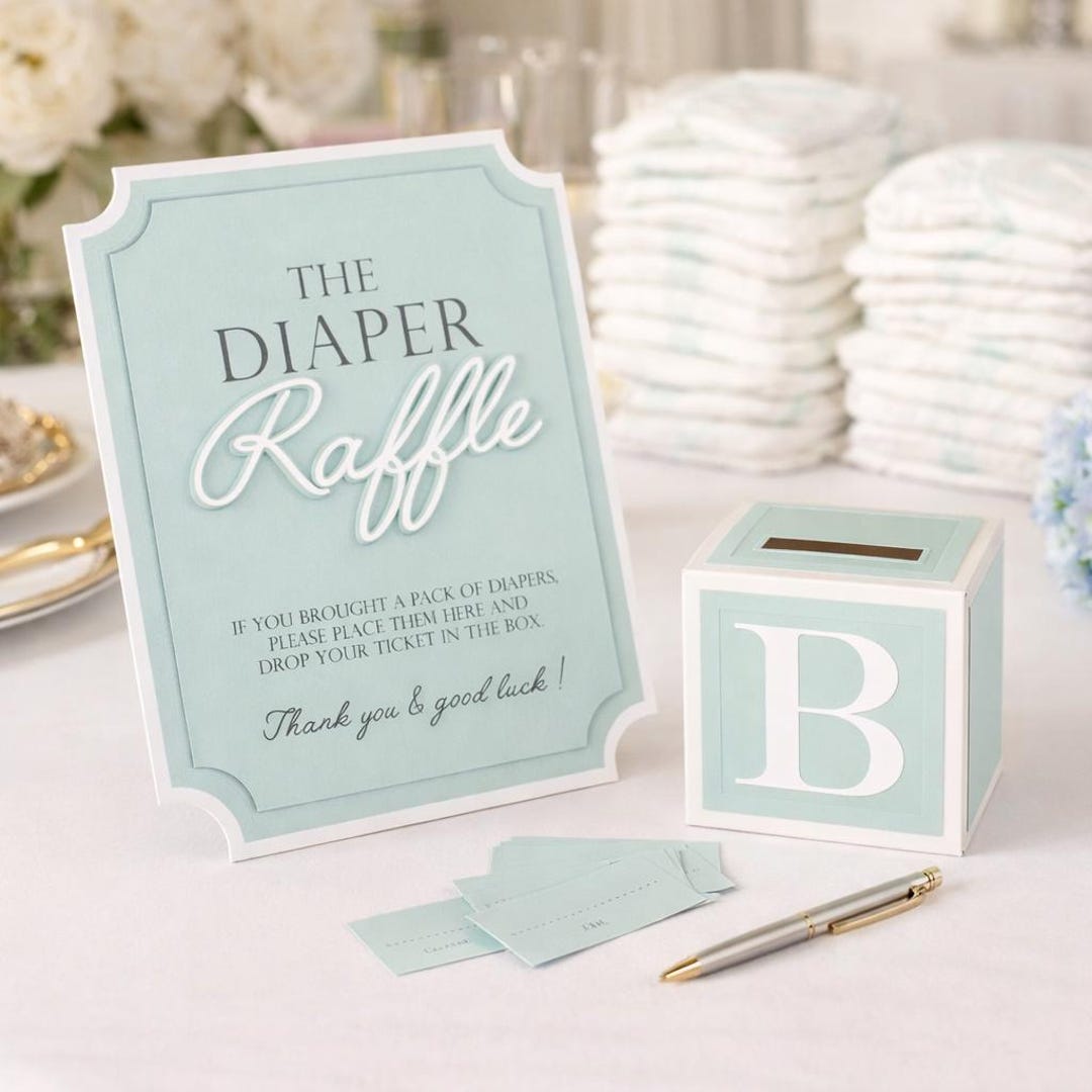 Diaper Raffle Game Kit With Sign and Mini Card Box in Baby Blue & White ...