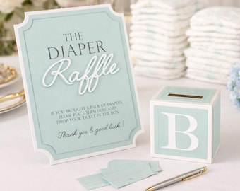 Diaper Raffle Game Kit  with Sign and Mini Card Box in Baby Blue & White | Baby Shower Game