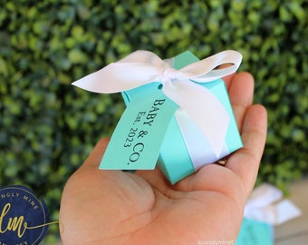 Small Favor Boxes  in Light Teal and White with Matching Tag, Designer Inspired, Aqua Turquoise Robin Egg Blue, Baby Shower, Bridal Shower