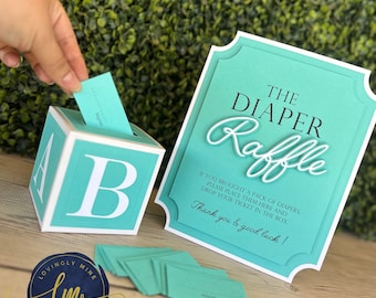 Diaper Raffle Game Kit  with Sign and Mini Card Box in Light Teal Aqua & White | Baby Shower Game | Baby and Company