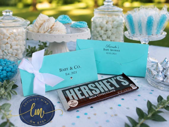 Light Teal Chocolate Bar Favor Boxes Custom Printed - Aqua & White - Baby Shower, Birthday Party, Graduation